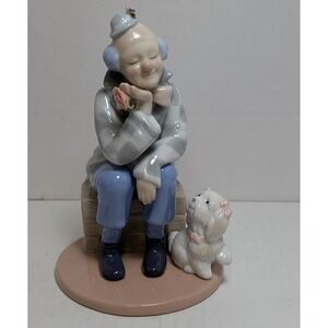 2002 DESIGN Brand Porcelain Clown Sitting w/ Flower & Dog Figurine EUC